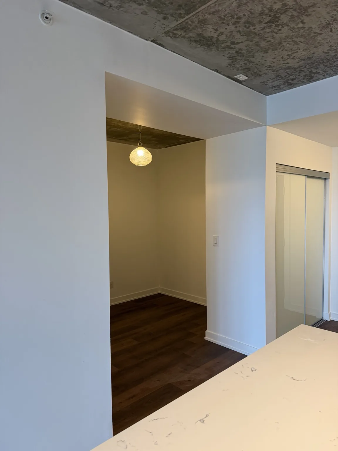 Freshly painted condo hallway and den entrance with pendant light