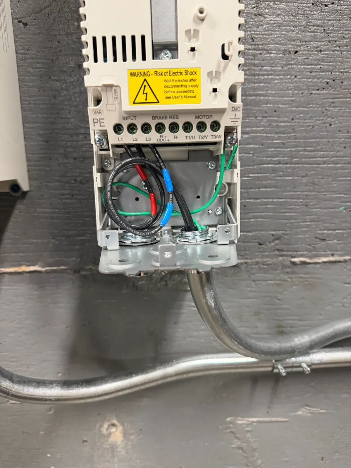 Close view of drive terminations and conduit connections